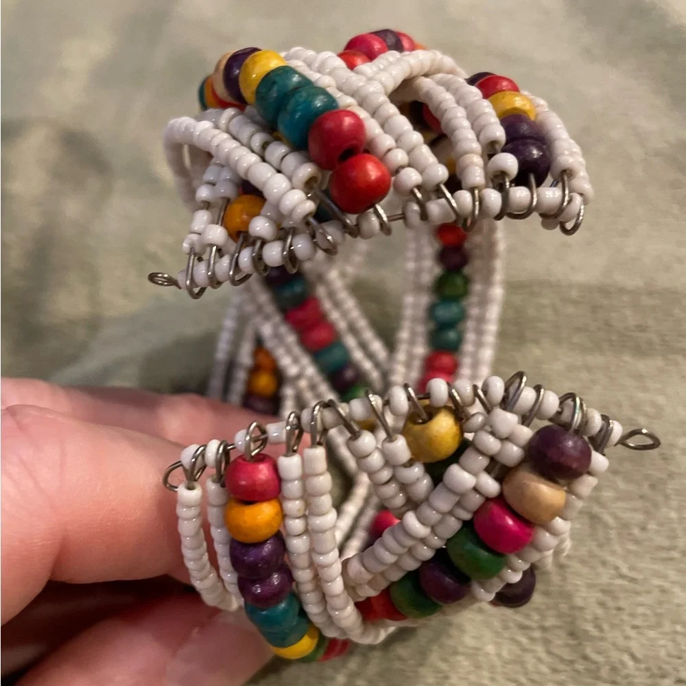 Set of 2 Boho Beaded Cuff Bracelets. Brown & Multi Colored Tones
